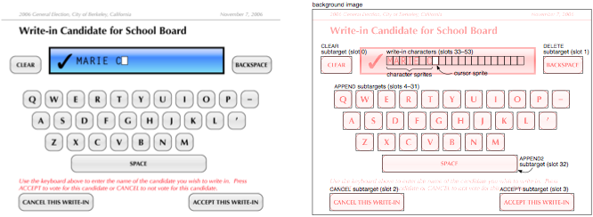 A write-in subpage as it would appear to a voter, with an entry field and a keyboard of letter buttons, and its corresponding layout, which shows the touch-sensitive areas of the screen marked with rectangles.